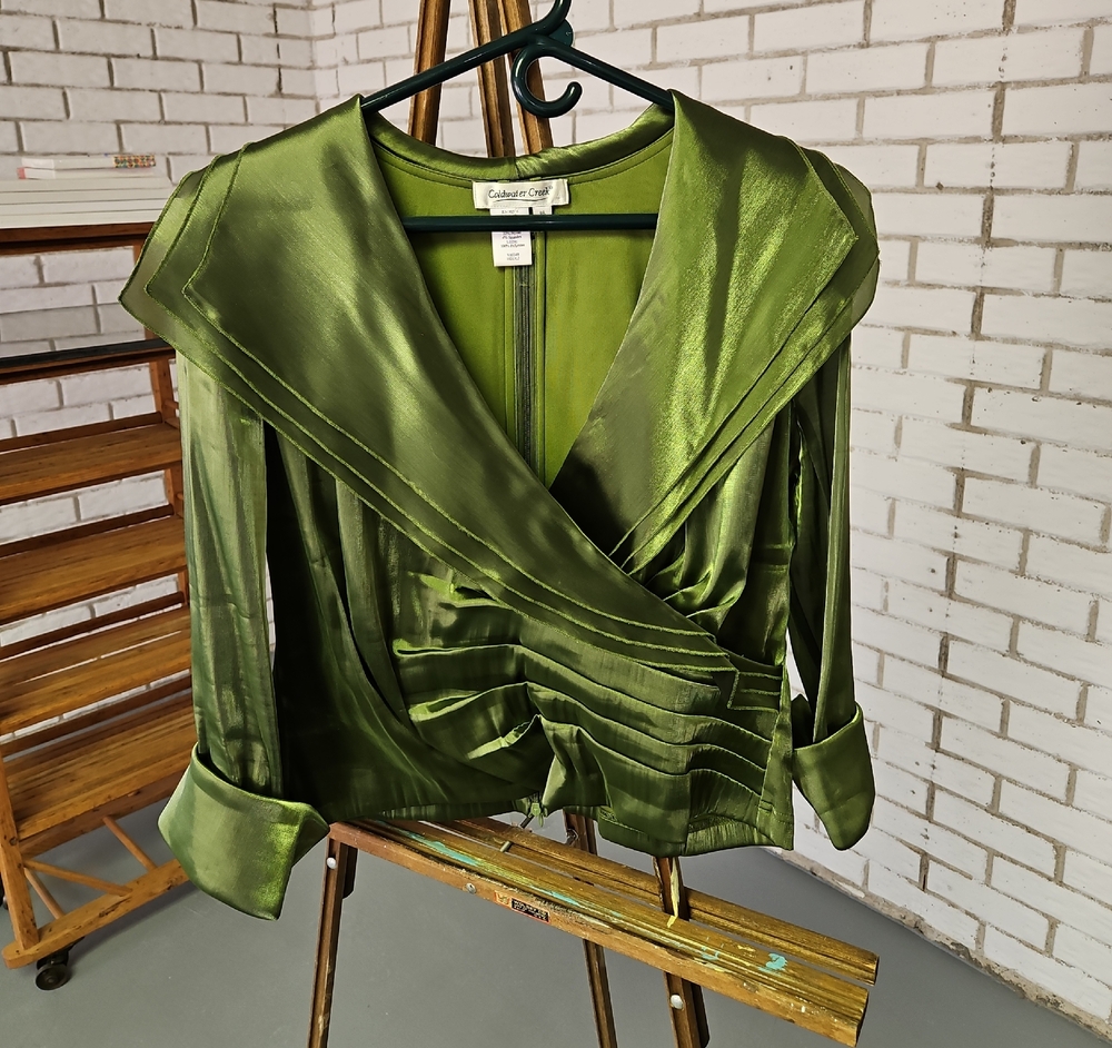 Coldwater Creek Olive Green Satin Wrap Blouse